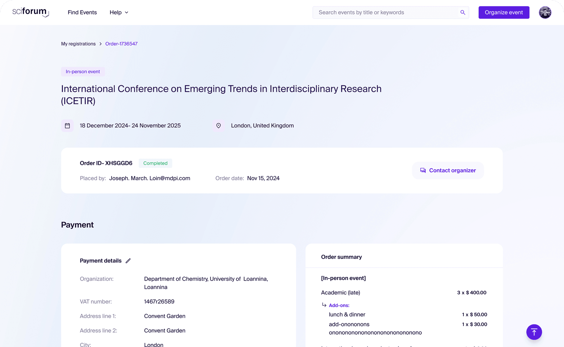 Event ticketing and revenue overview interface